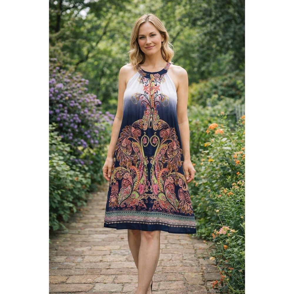 Crystal Doll Navy Ombre Paisley Halter Shift Dress Size‎ L boho floral colorful